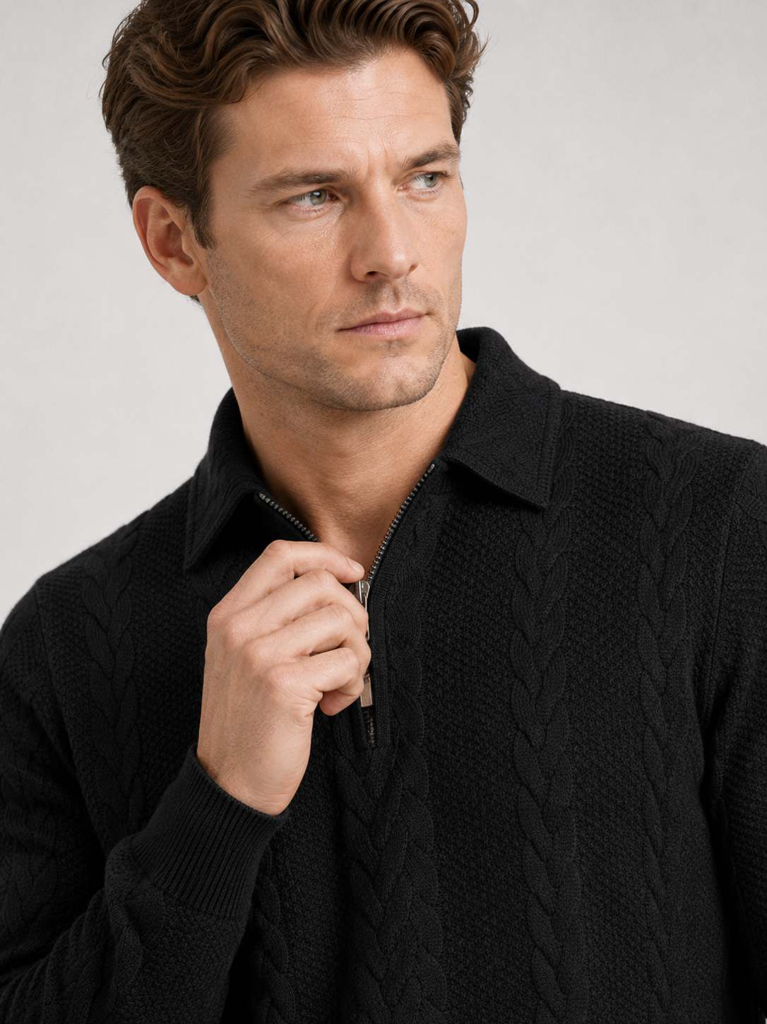 Men's quarter-zip turn-down collar sweater – Black detail view – Edward & Lawsen