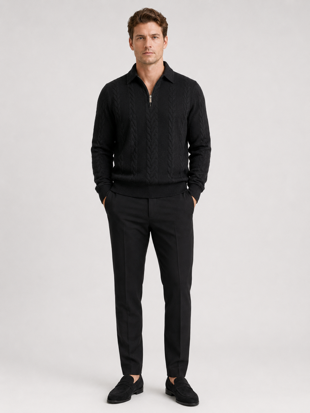 Men's quarter-zip turn-down collar sweater – Black full view – Edward & Lawsen
