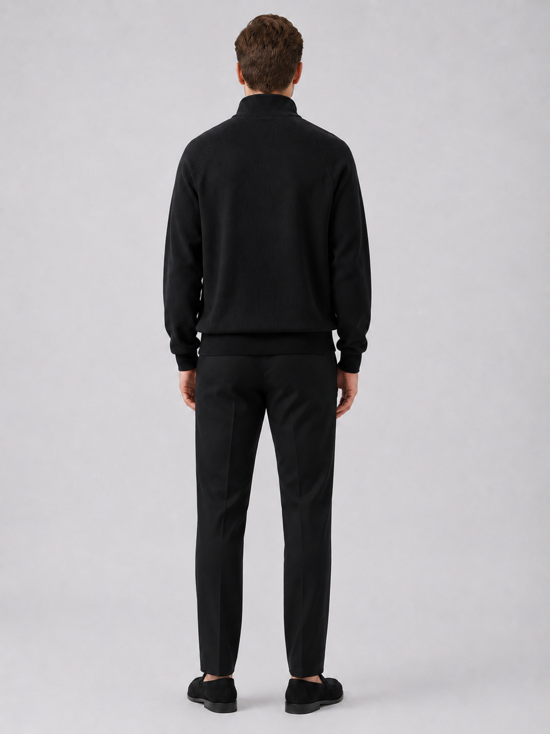 Men's loose fit stand collar quarter-zip sweater – Black back view – Edward & Lawsen