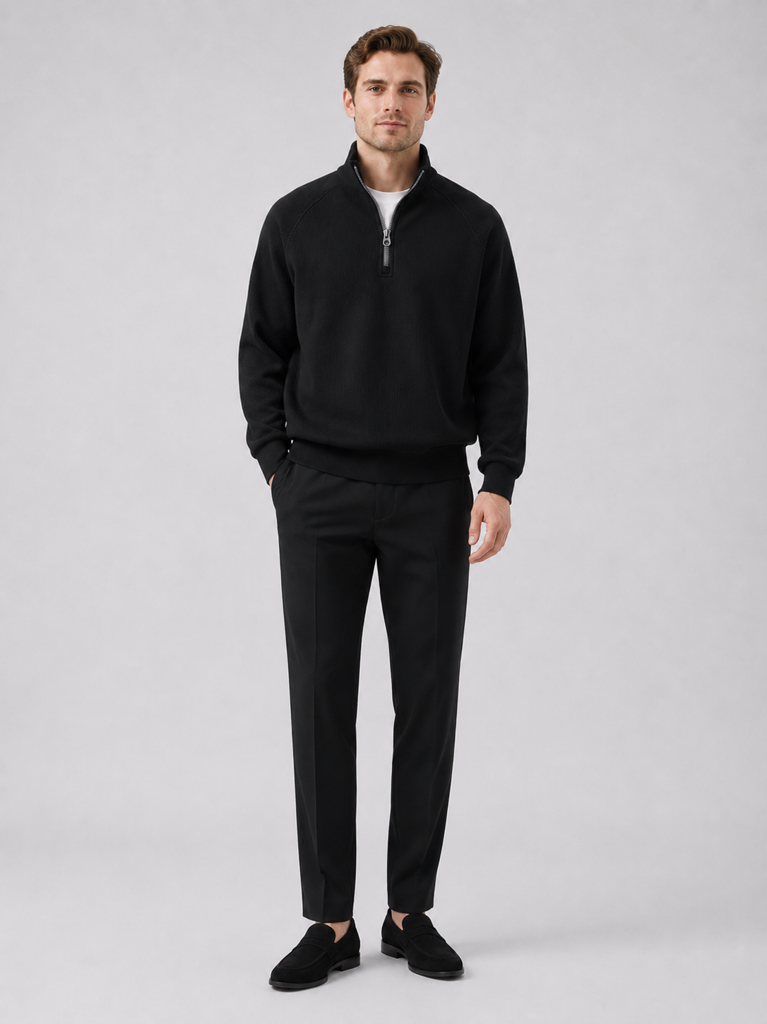 Men's loose fit stand collar quarter-zip sweater – Black full view – Edward & Lawsen