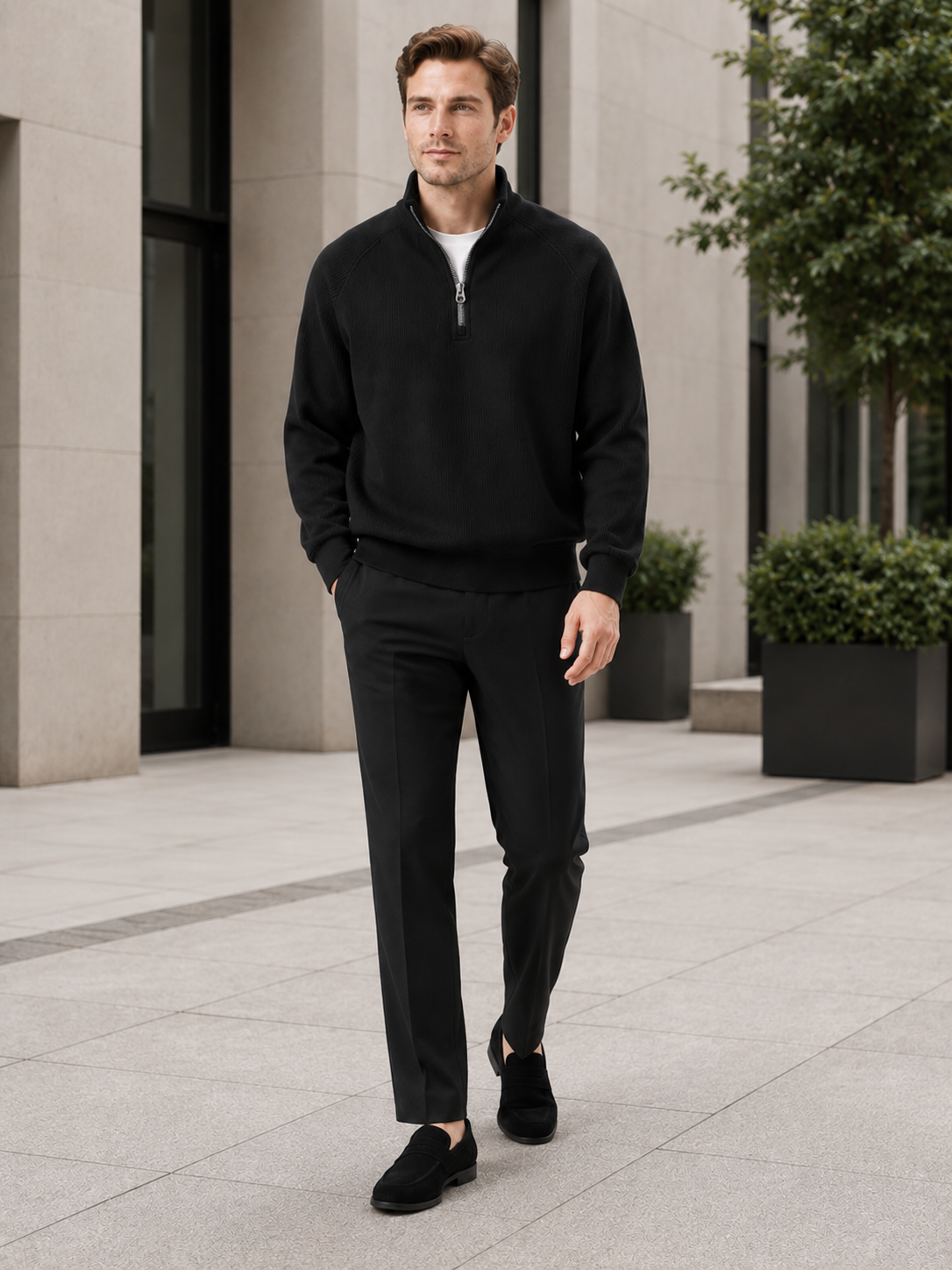 Men's loose fit stand collar quarter-zip sweater – Black lifestyle view – Edward & Lawsen