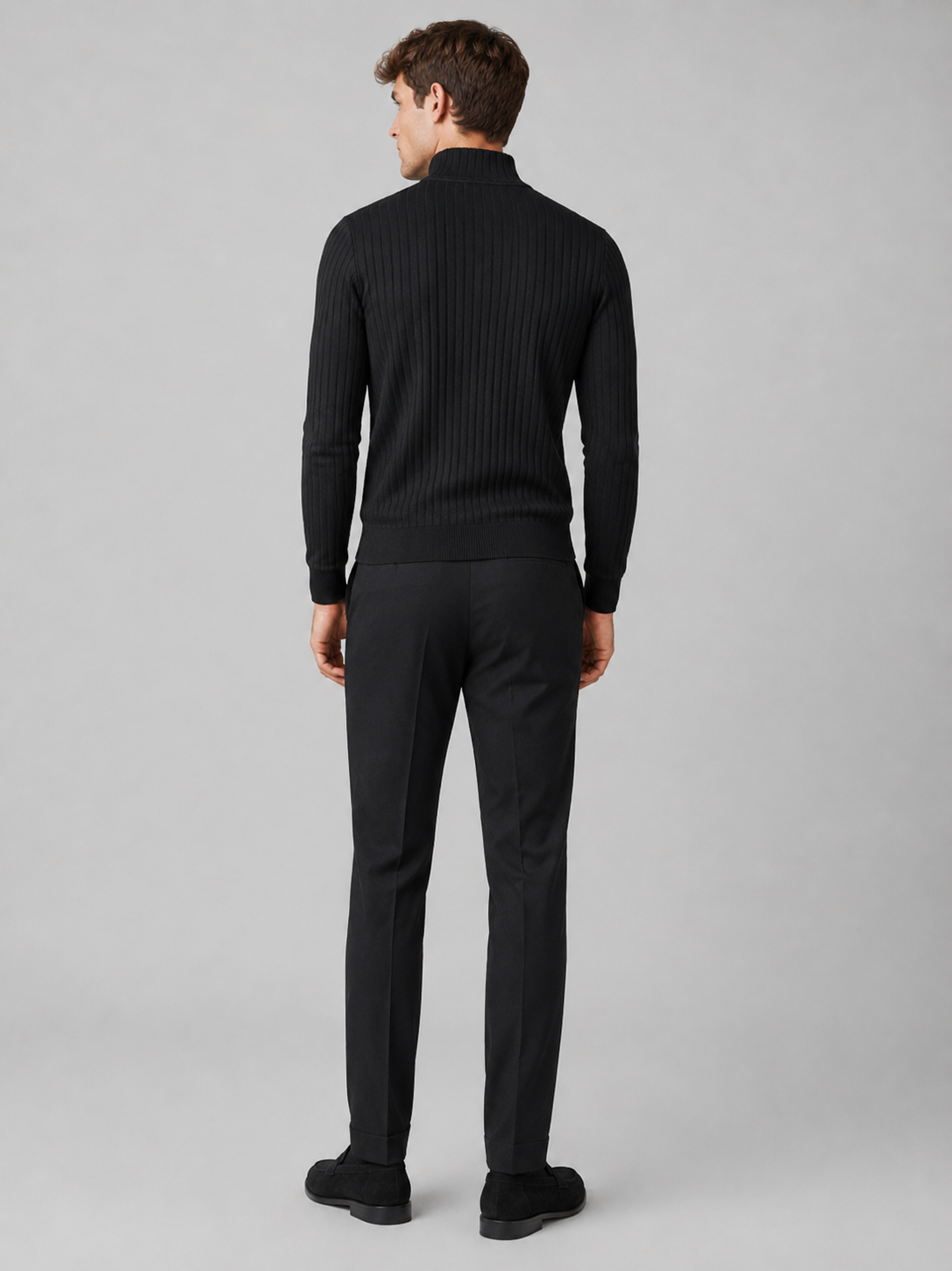 Men's quarter zip mock neck sweater – Black back view – Edward & Lawsen