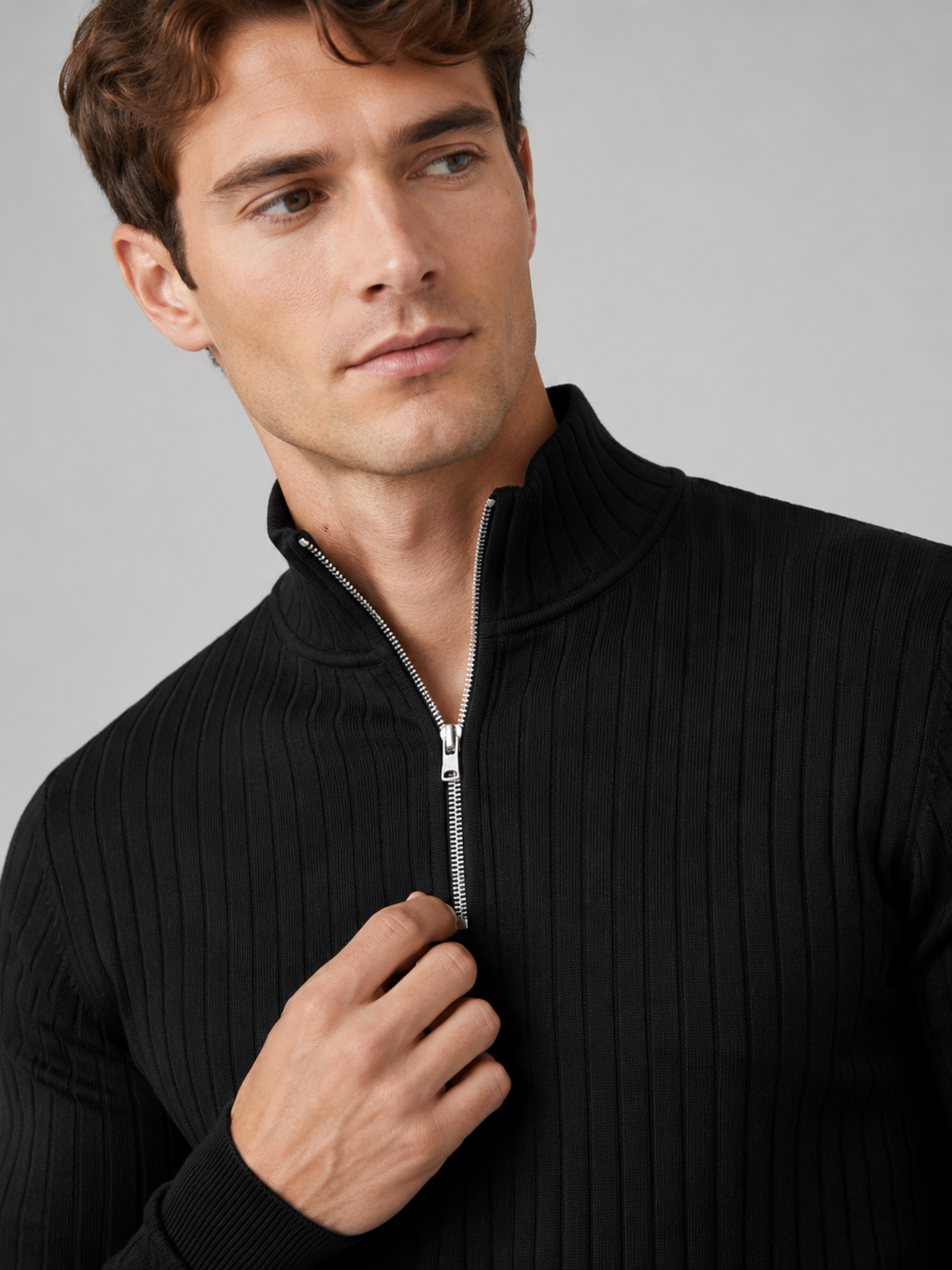 Men's quarter zip mock neck sweater – Black detail view – Edward & Lawsen
