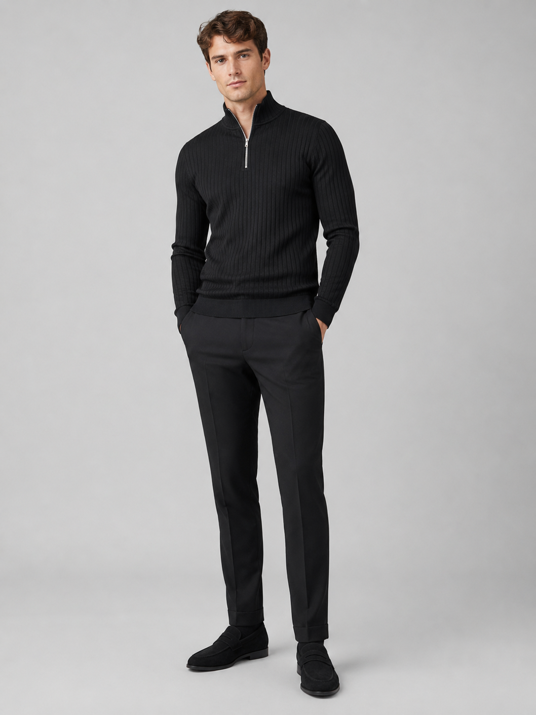 Men's quarter zip mock neck sweater – Black full view – Edward & Lawsen
