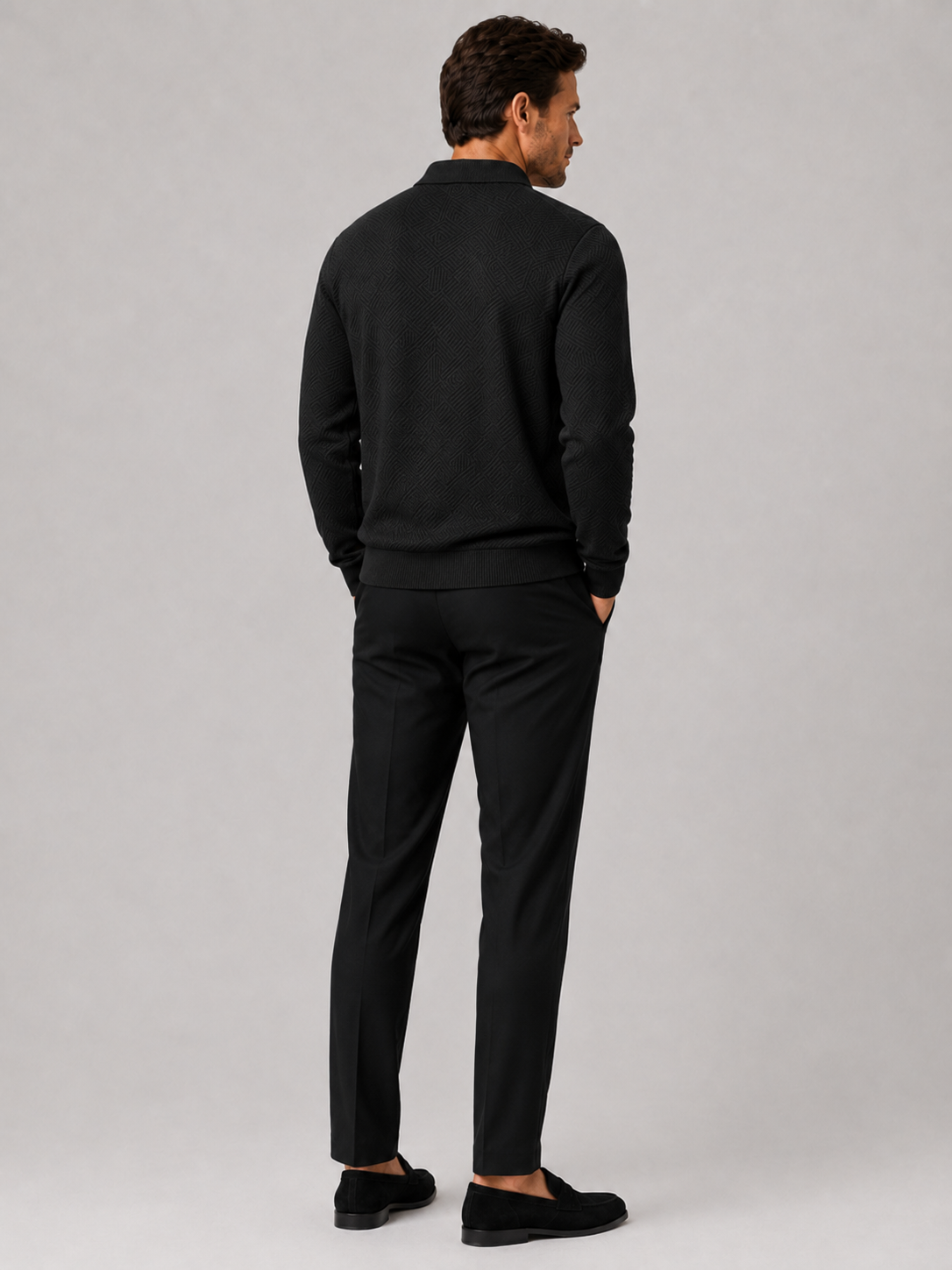 Men's quarter zip polo sweater – Black back view – Edward & Lawsen