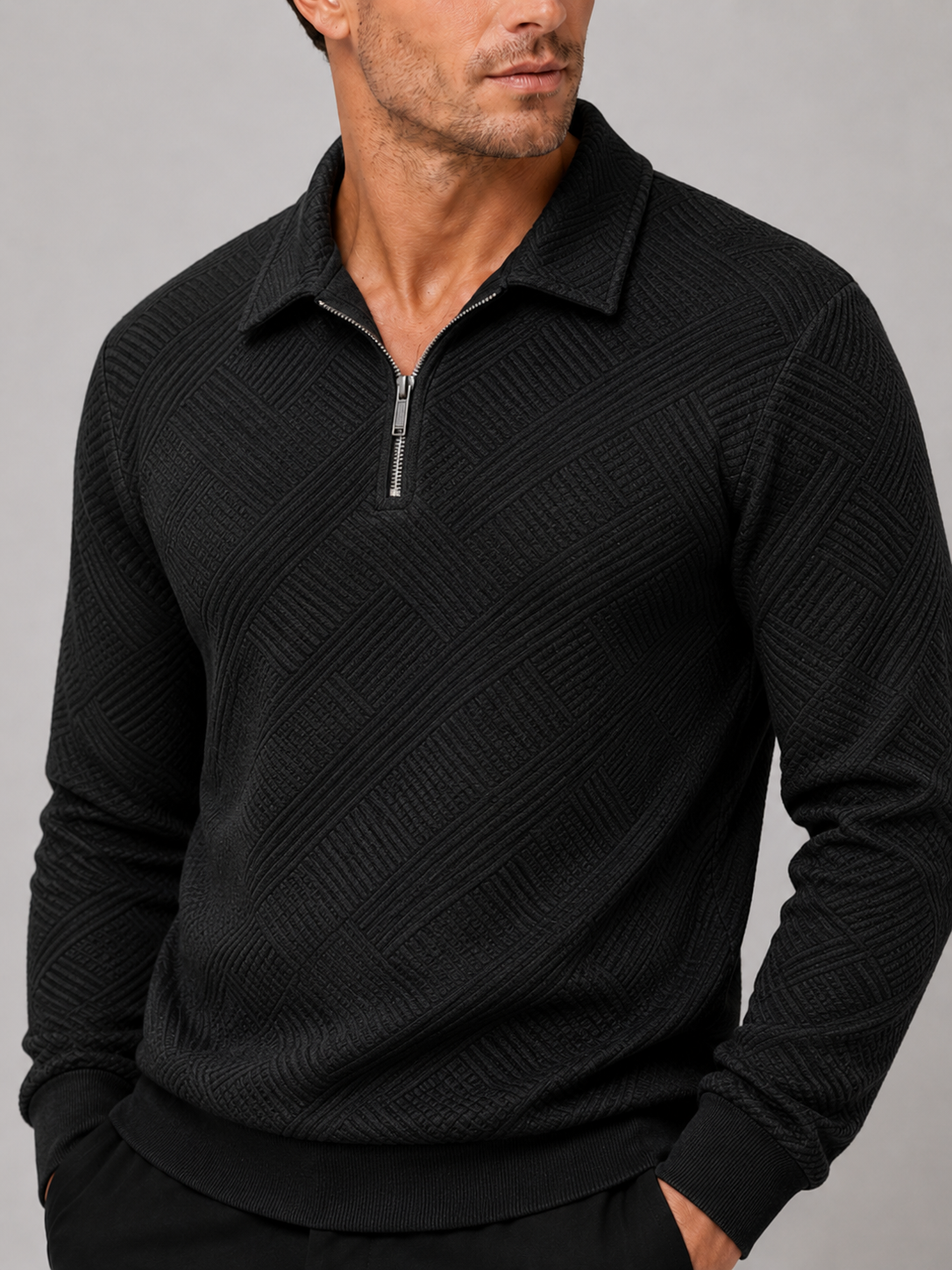 Men's quarter zip polo sweater – Black detail view – Edward & Lawsen