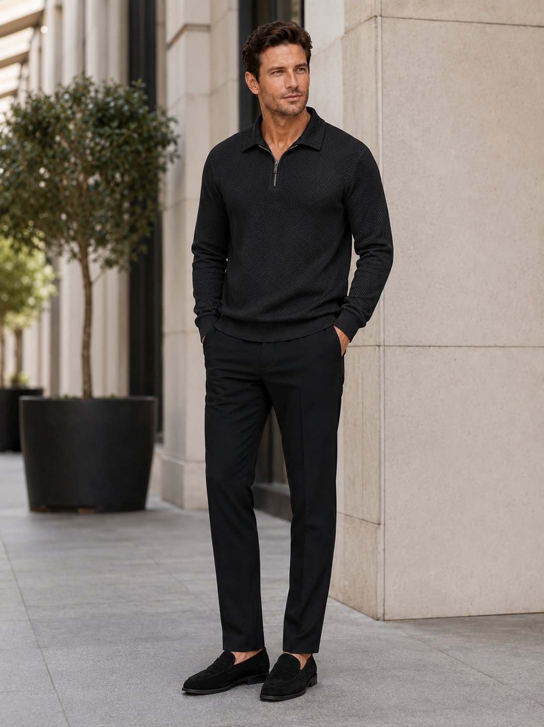 Men's quarter zip polo sweater – Black lifestyle view – Edward & Lawsen