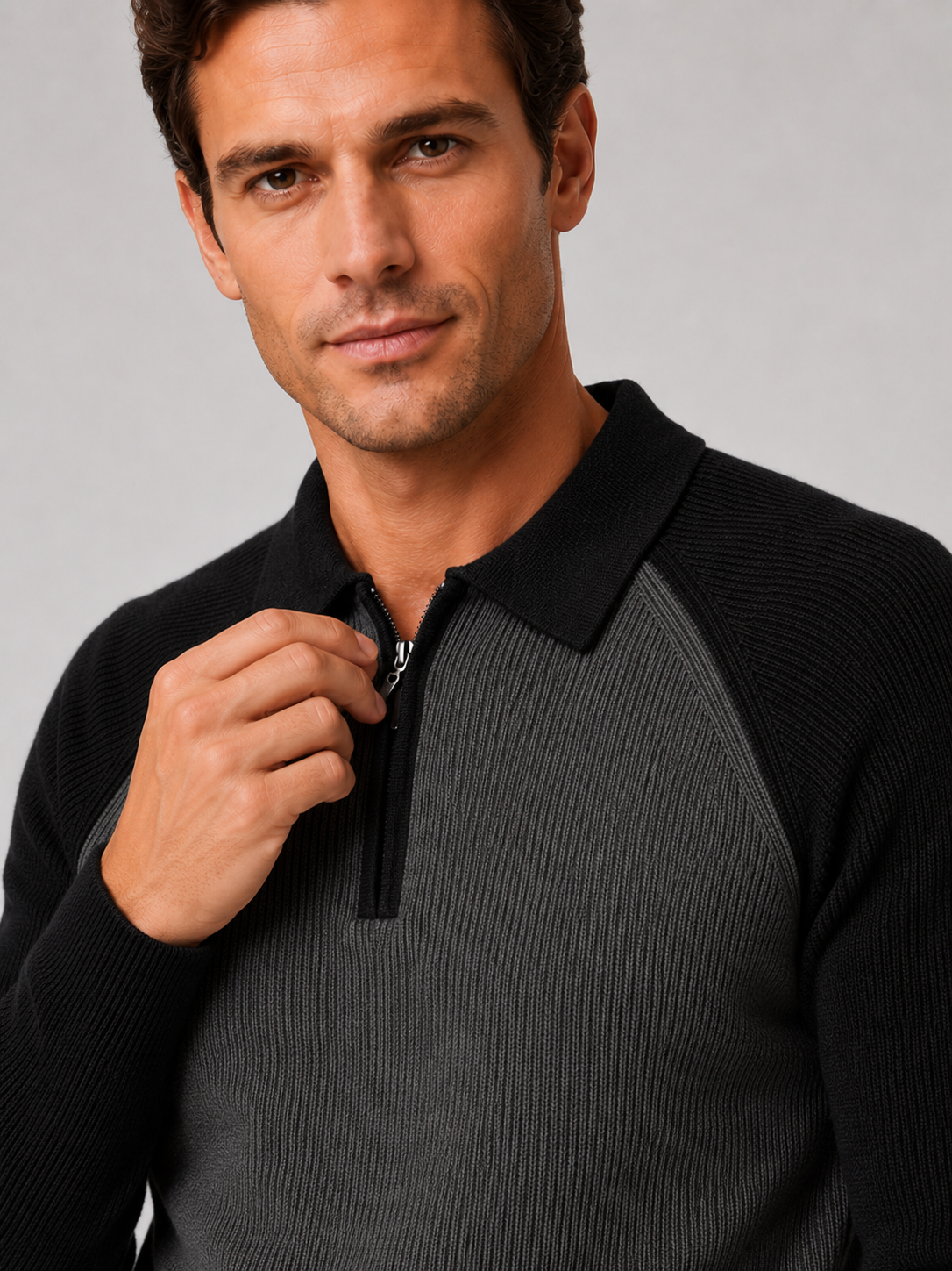 Men's quarter zip polo sweater – Black detail view – Edward & Lawsen