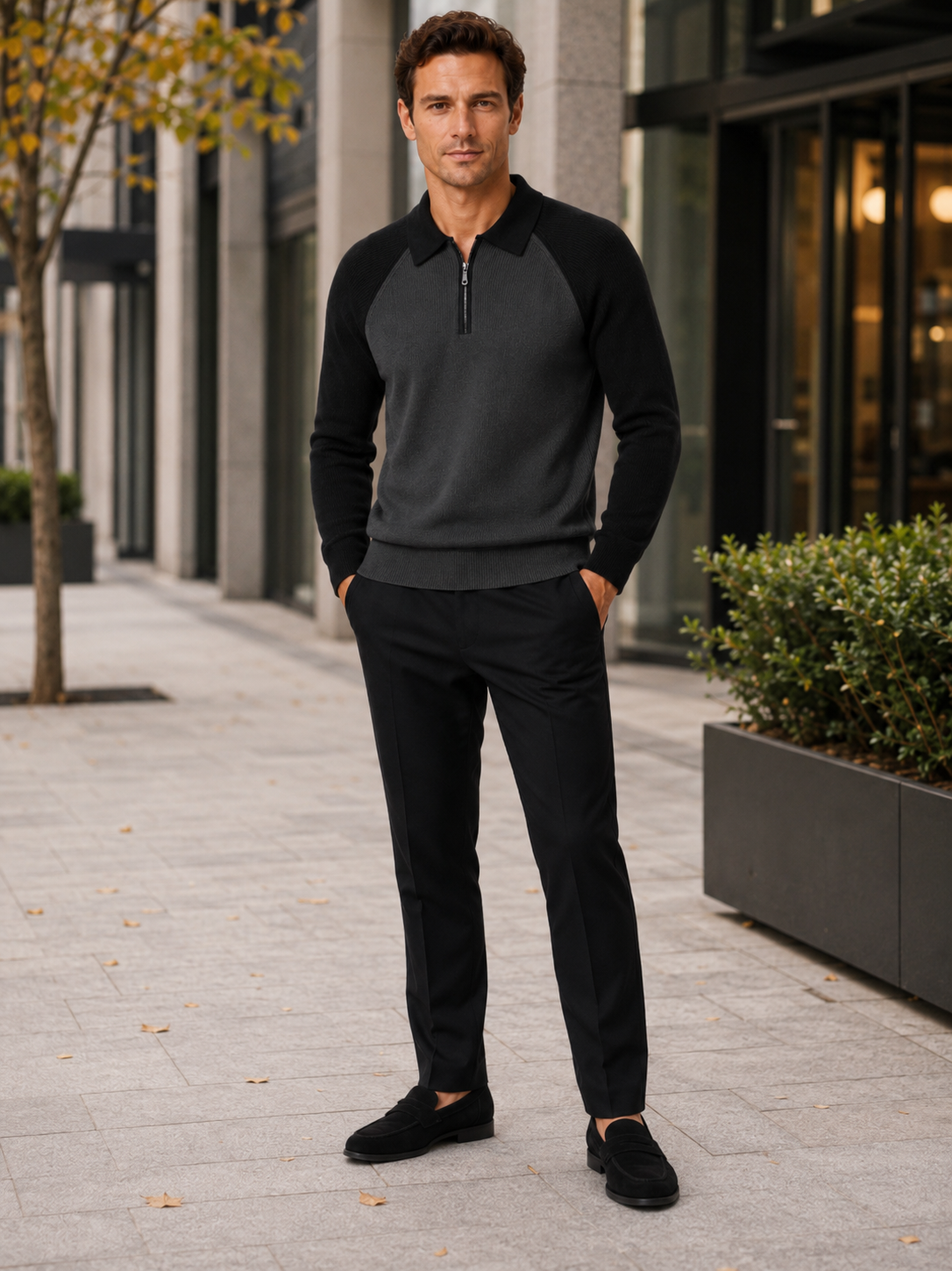 Men's quarter zip polo sweater – Black lifestyle view – Edward & Lawsen