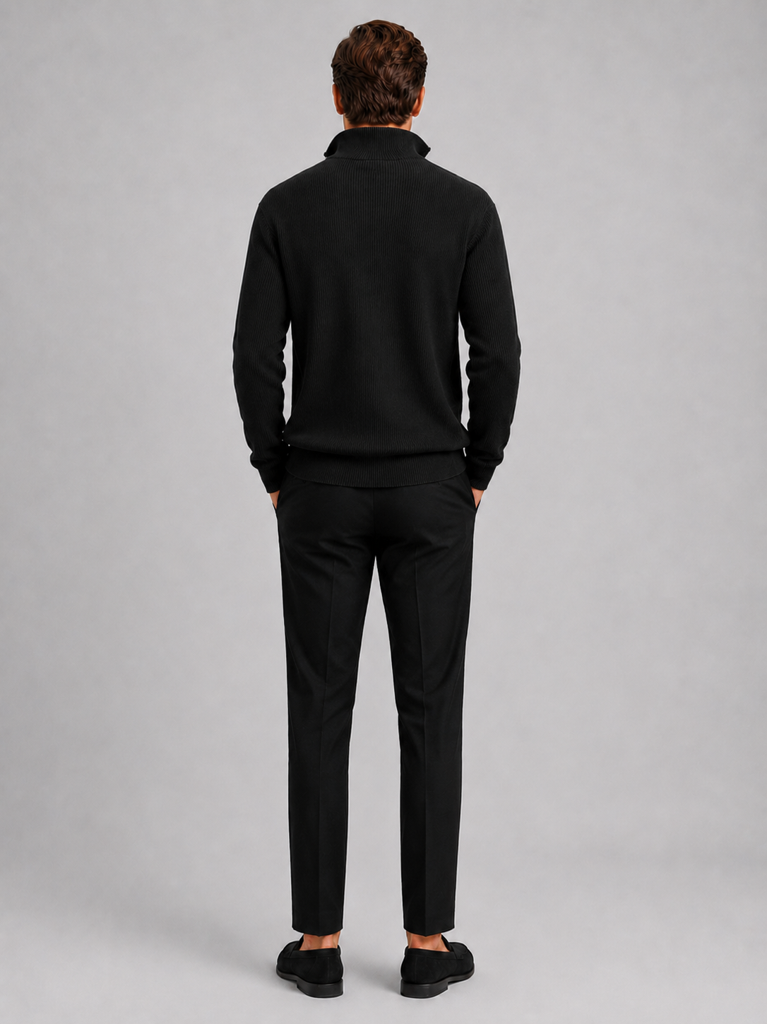 Men's ribbed stand collar quarter-zip sweater – Black back view – Edward & Lawsen