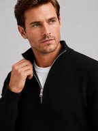 Men's ribbed stand collar quarter-zip sweater – Black detail view – Edward & Lawsen