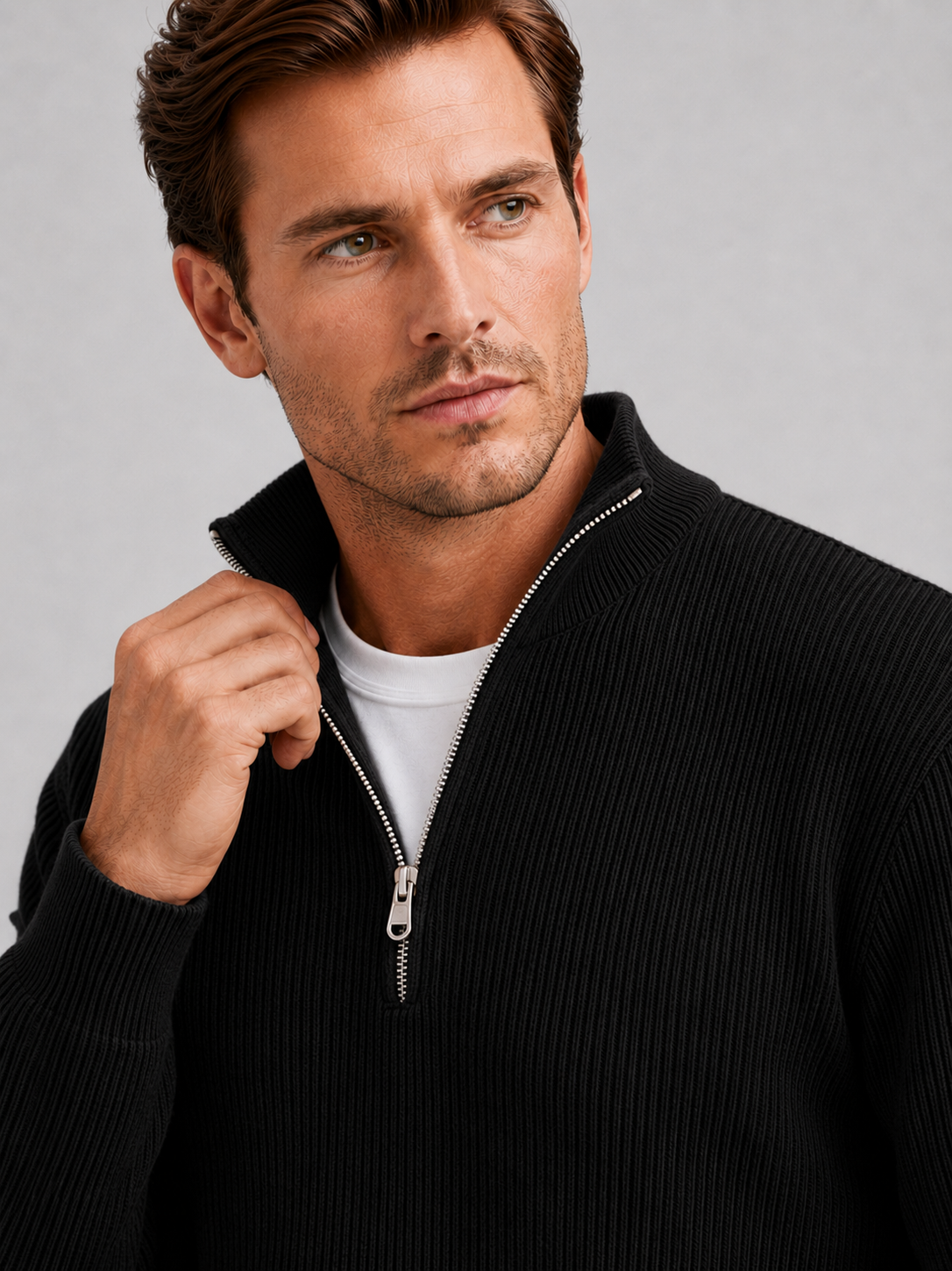 Men's ribbed stand collar quarter-zip sweater – Black detail view – Edward & Lawsen