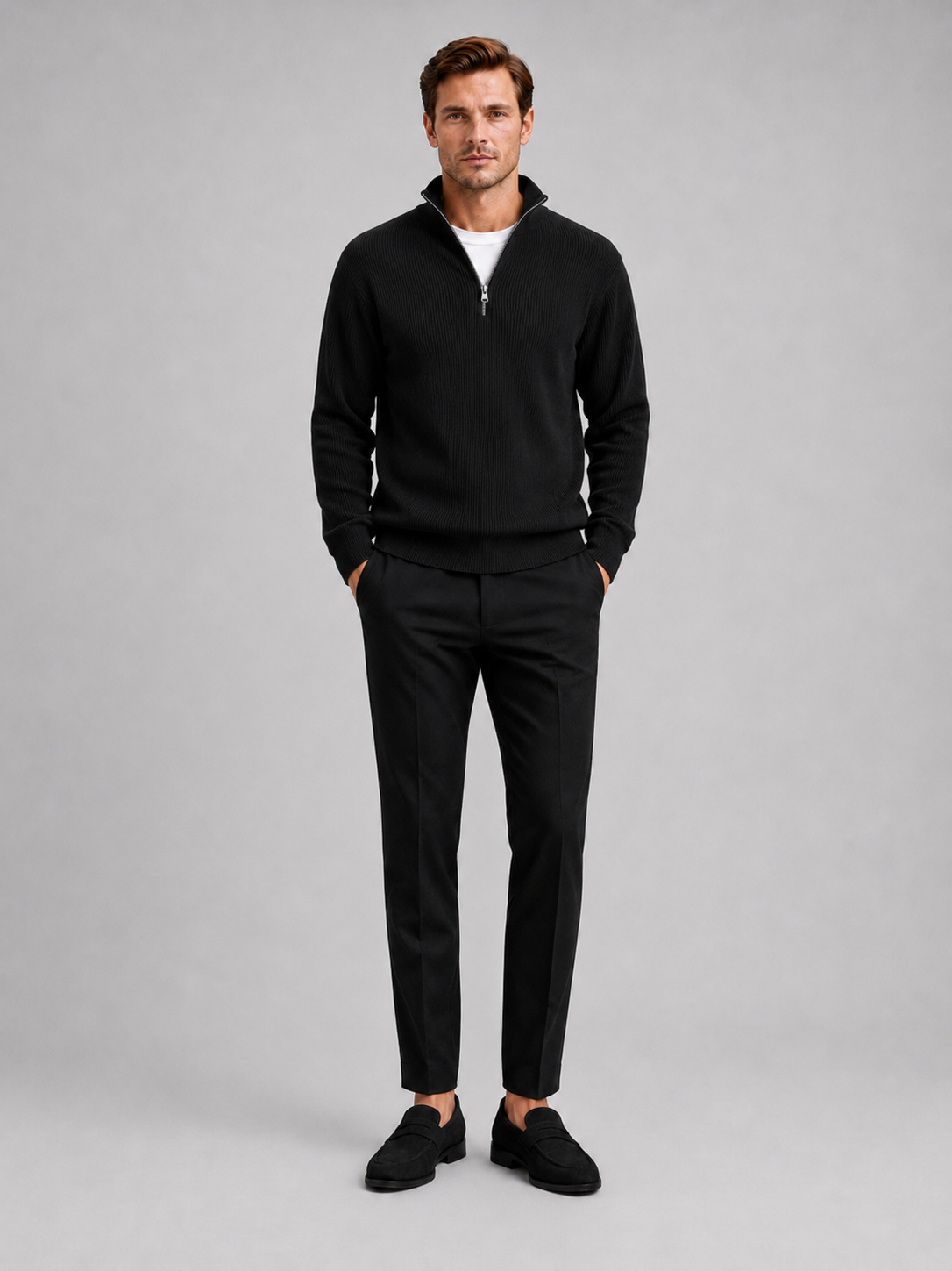 Men's ribbed stand collar quarter-zip sweater – Black full view – Edward & Lawsen