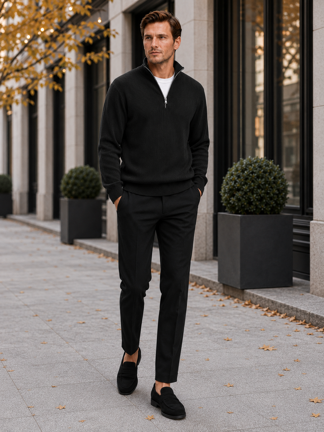 Men's ribbed stand collar quarter-zip sweater – Black lifestyle view – Edward & Lawsen