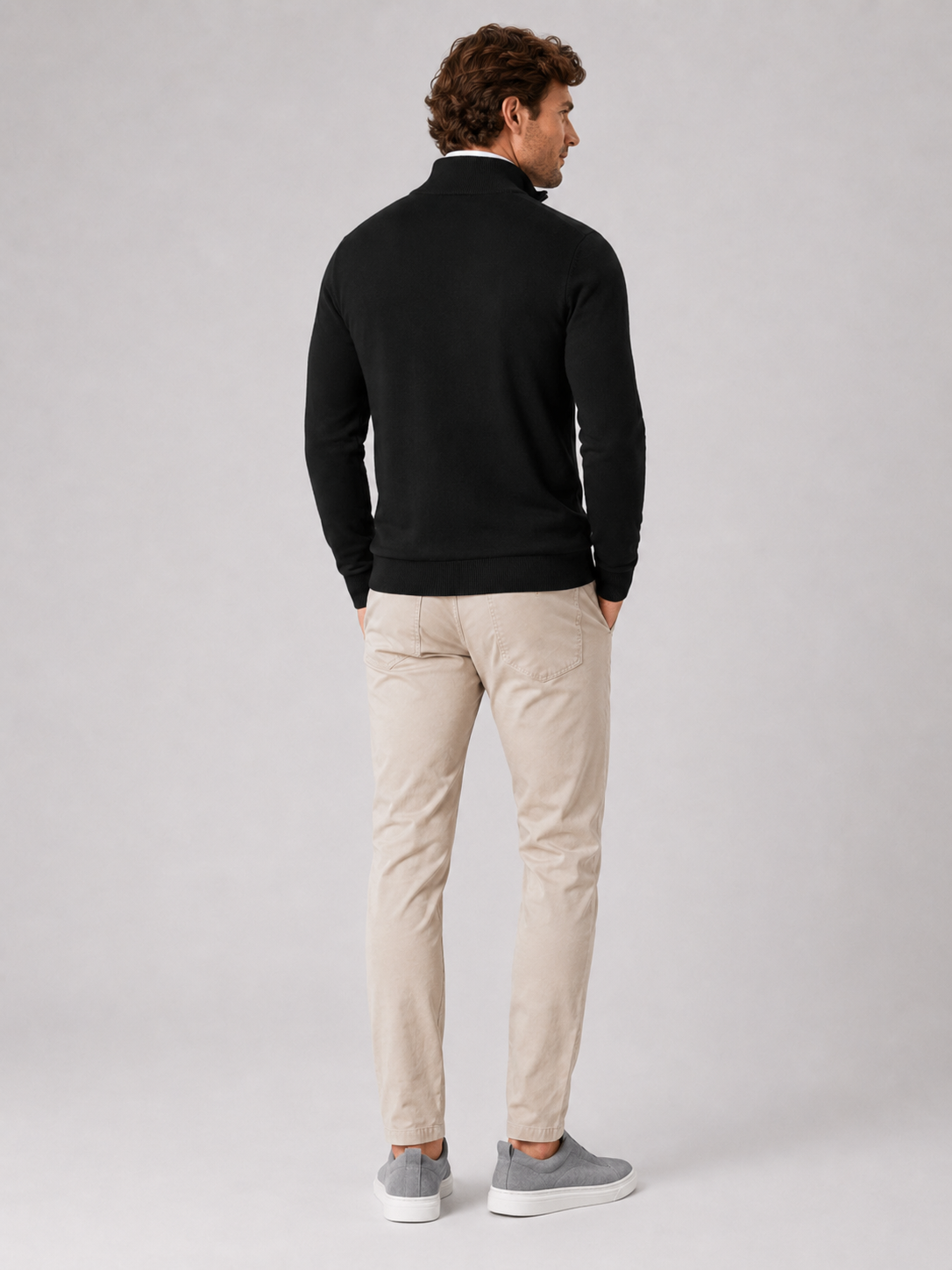 Men's quarter-zip mock neck sweater – Black back view – Edward & Lawsen