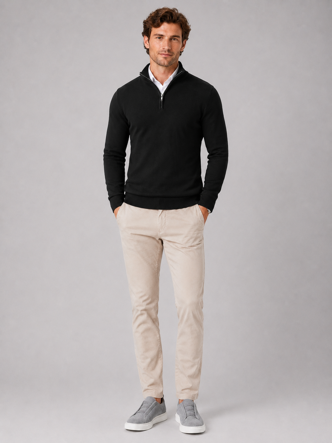Men's quarter-zip mock neck sweater – Black full view – Edward & Lawsen