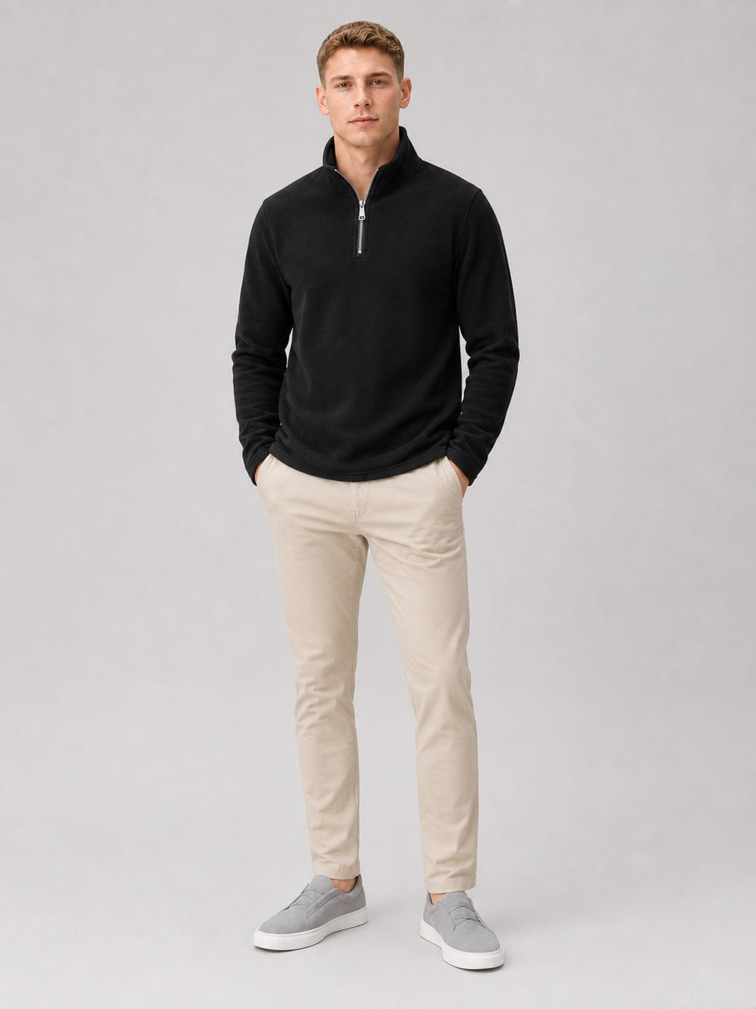 Men's fleece quarter-zip sweater – Black full view – Edward & Lawsen