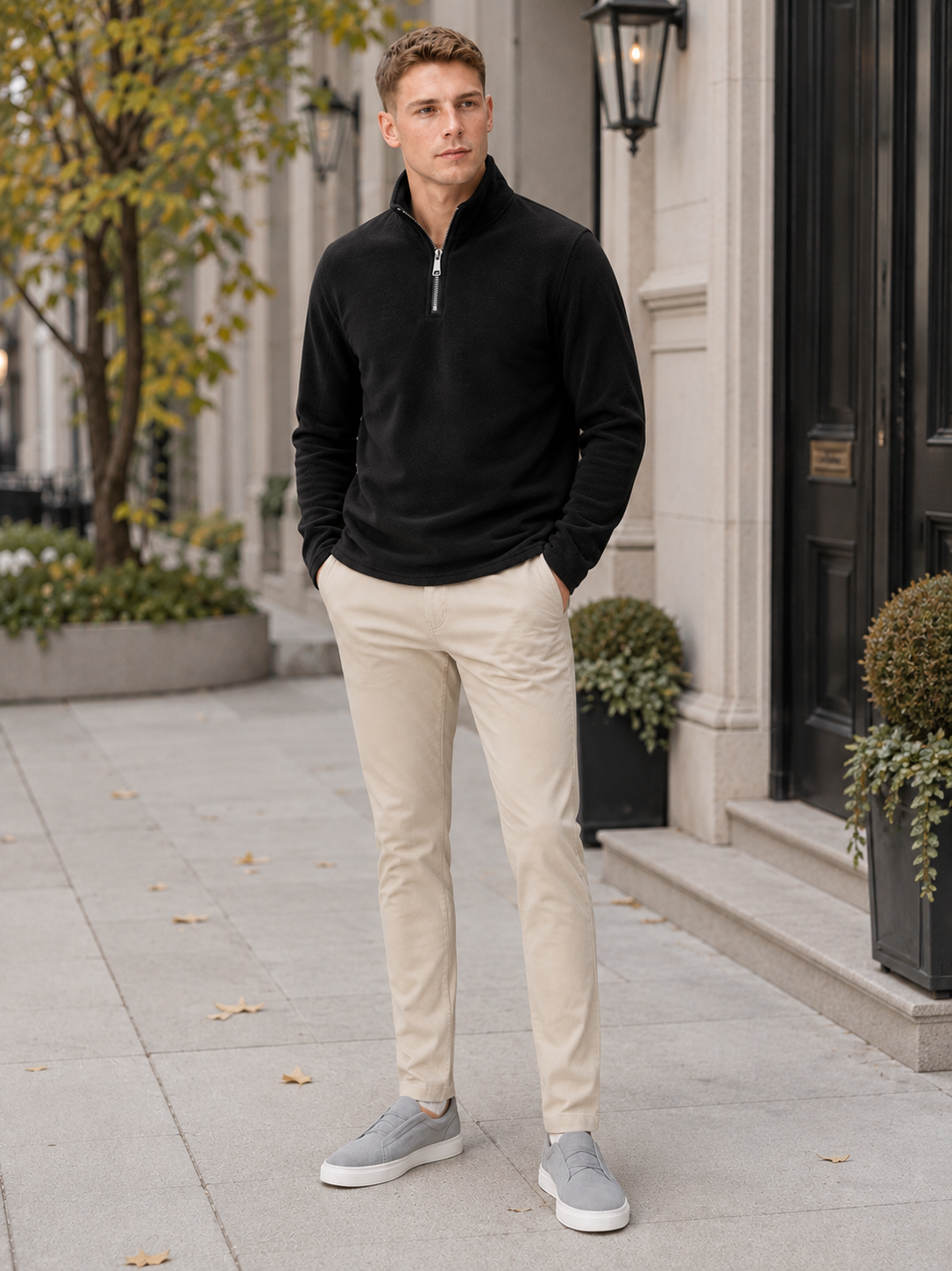 Men's fleece quarter-zip sweater – Black lifestyle view – Edward & Lawsen