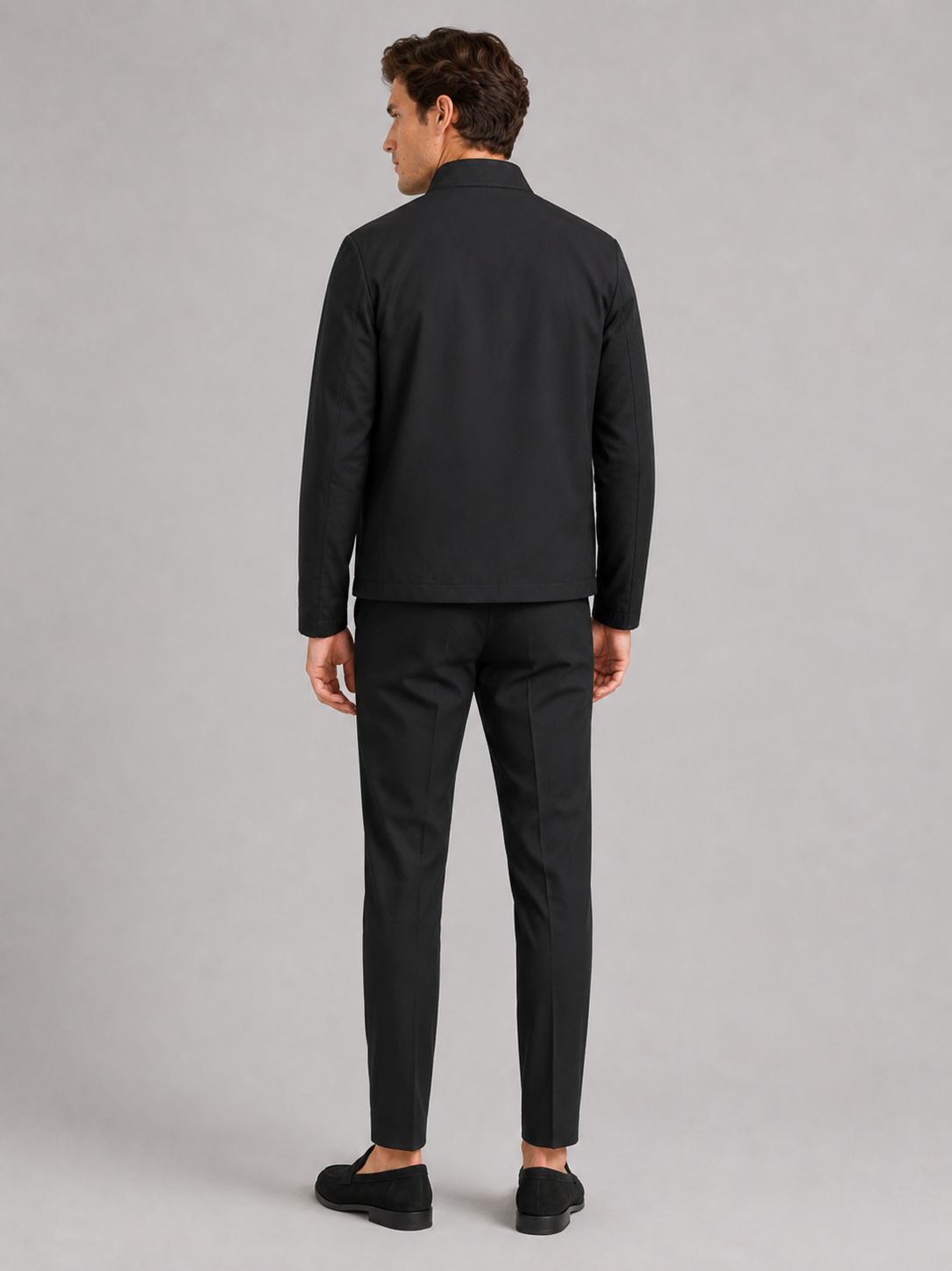 Men's stand collar fall jacket – Black back view – Edward & Lawsen