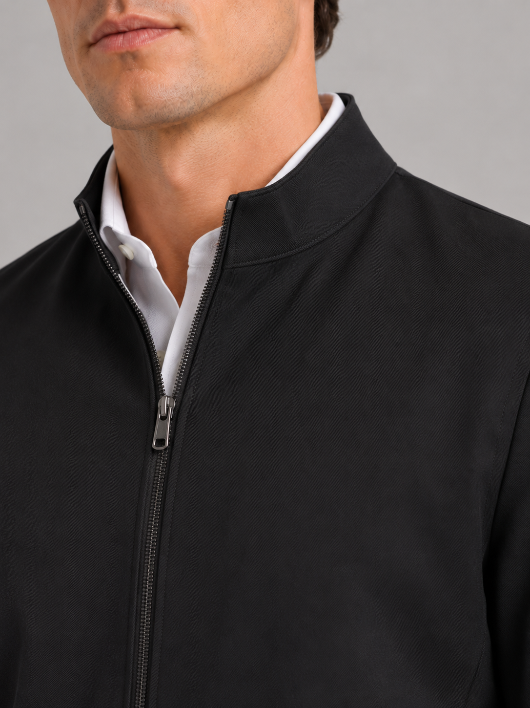Men's stand collar fall jacket – Black detail view – Edward & Lawsen