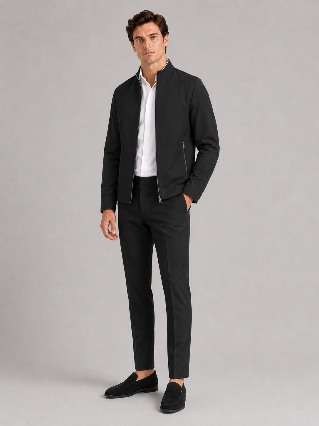 Men's stand collar fall jacket – Black full view – Edward & Lawsen