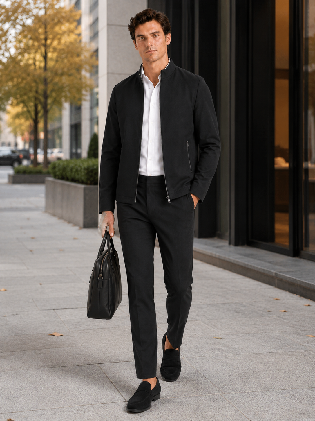 Men's stand collar fall jacket – Black lifestyle view – Edward & Lawsen