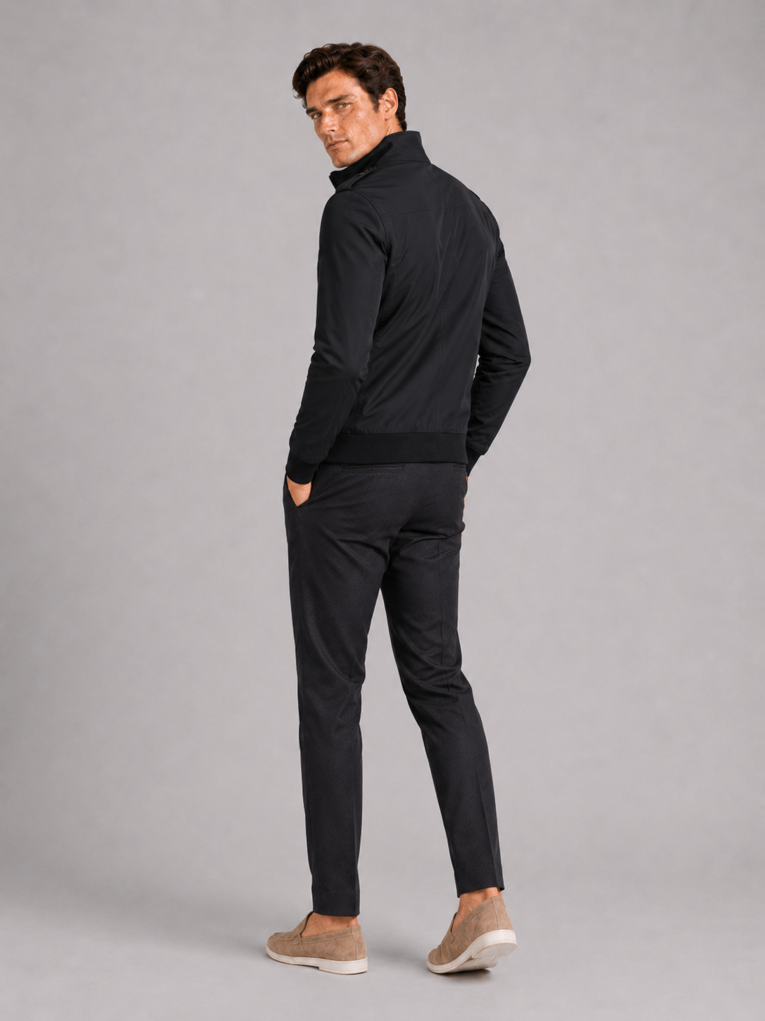 Men's stand collar trench jacket – Black back view – Edward & Lawsen
