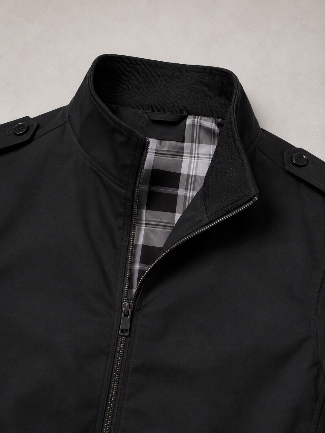 Men's stand collar trench jacket – Black detail view – Edward & Lawsen