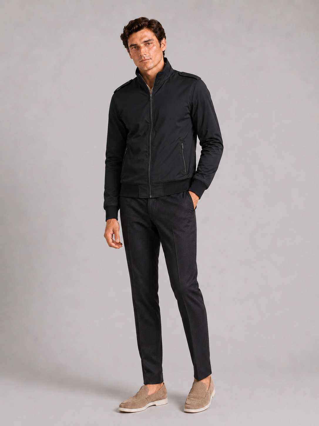 Men's stand collar trench jacket – Black full view – Edward & Lawsen