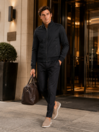 Men's stand collar trench jacket – Black lifestyle view – Edward & Lawsen