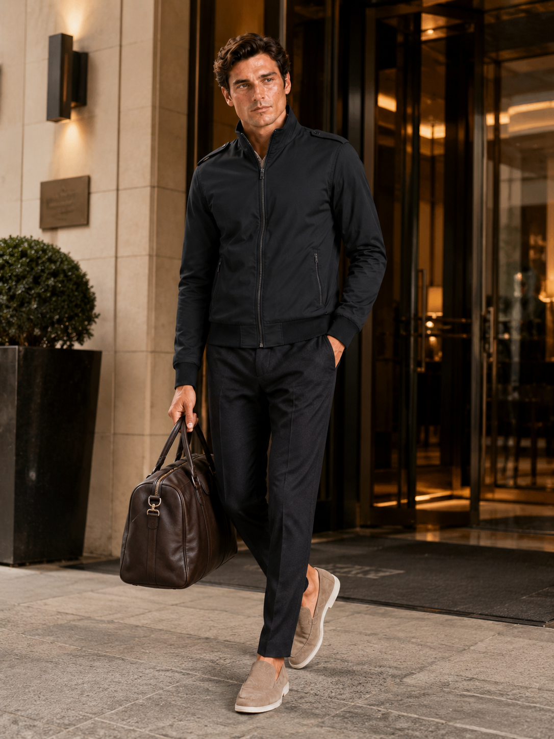 Men's stand collar trench jacket – Black lifestyle view – Edward & Lawsen