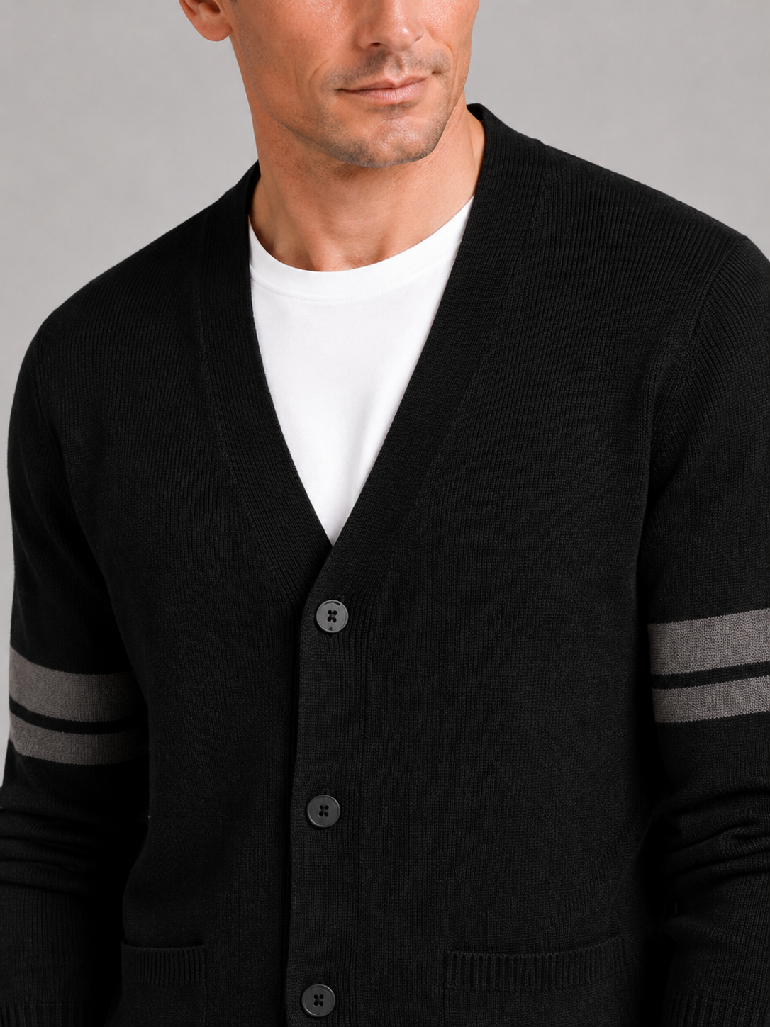 Men's striped color block cardigan – Black detail view – Edward & Lawsen