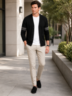 Men's striped color block cardigan – Black lifestyle view – Edward & Lawsen