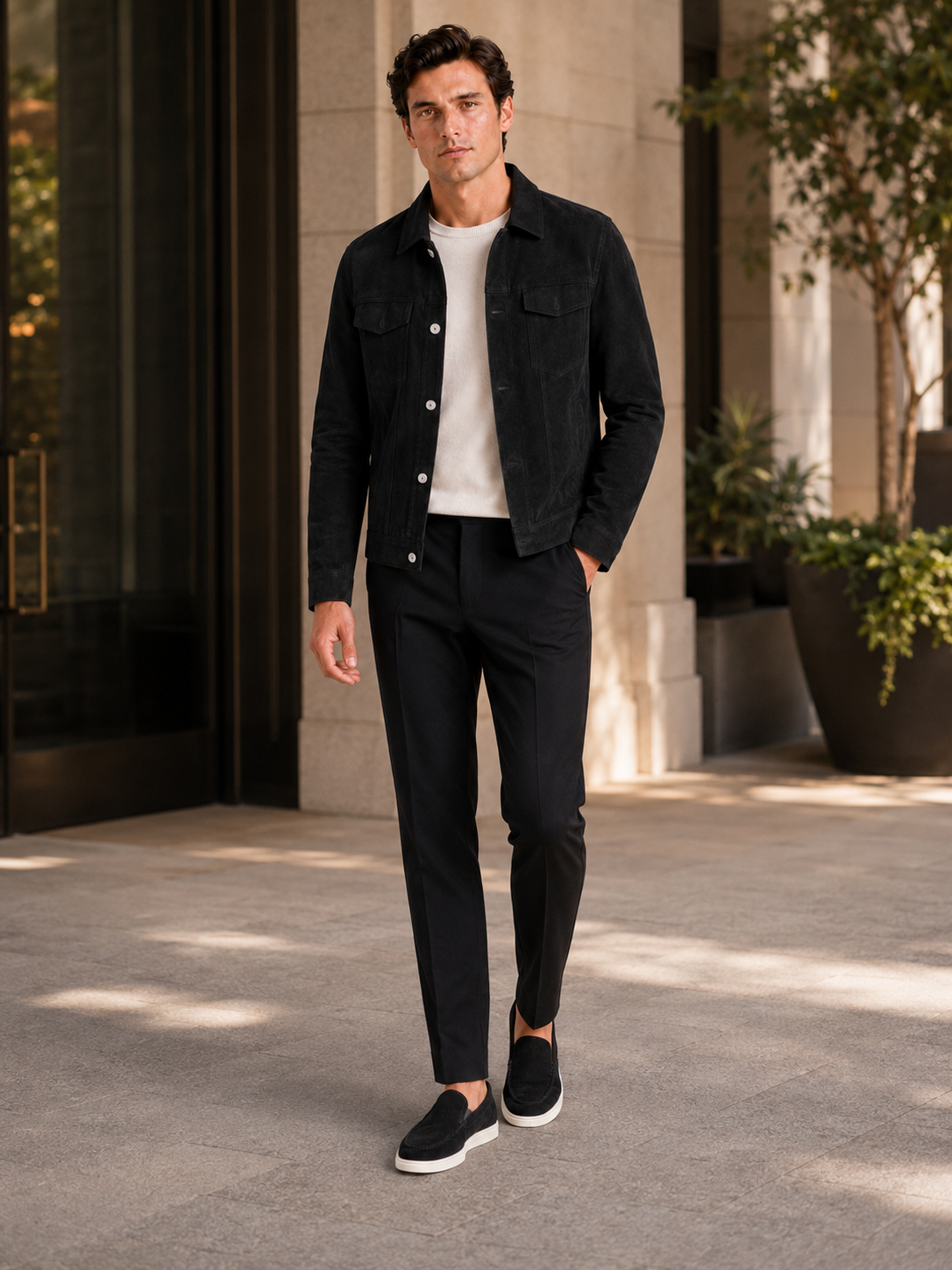 Men's suede fall jacket – Black lifestyle view – Edward & Lawsen
