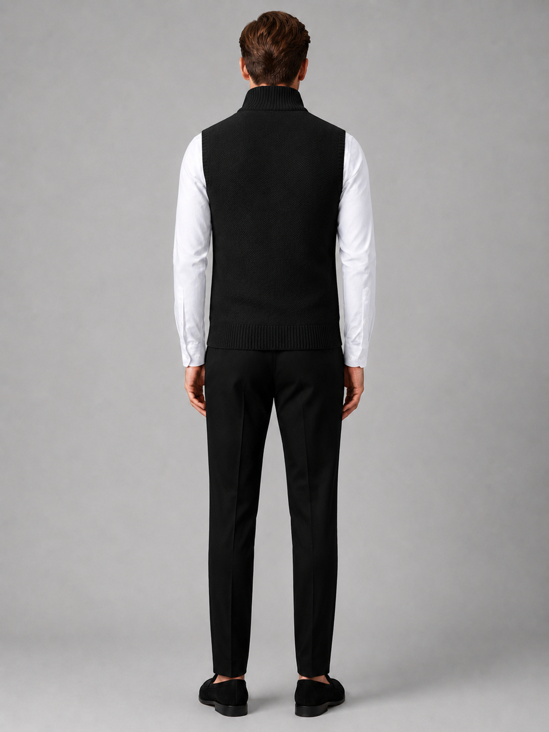 Men's full zip stand collar vest – Black back view – Edward & Lawsen