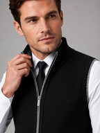 Men's full zip stand collar vest – Black detail view – Edward & Lawsen