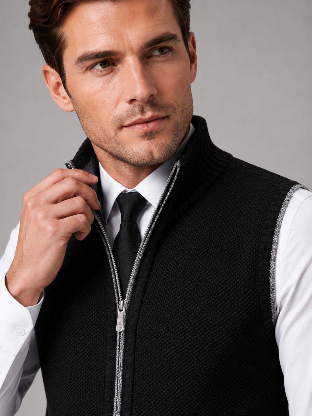 Men's full zip stand collar vest – Black detail view – Edward & Lawsen