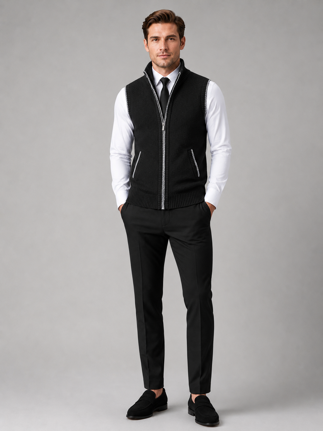 Men's full zip stand collar vest – Black full view – Edward & Lawsen