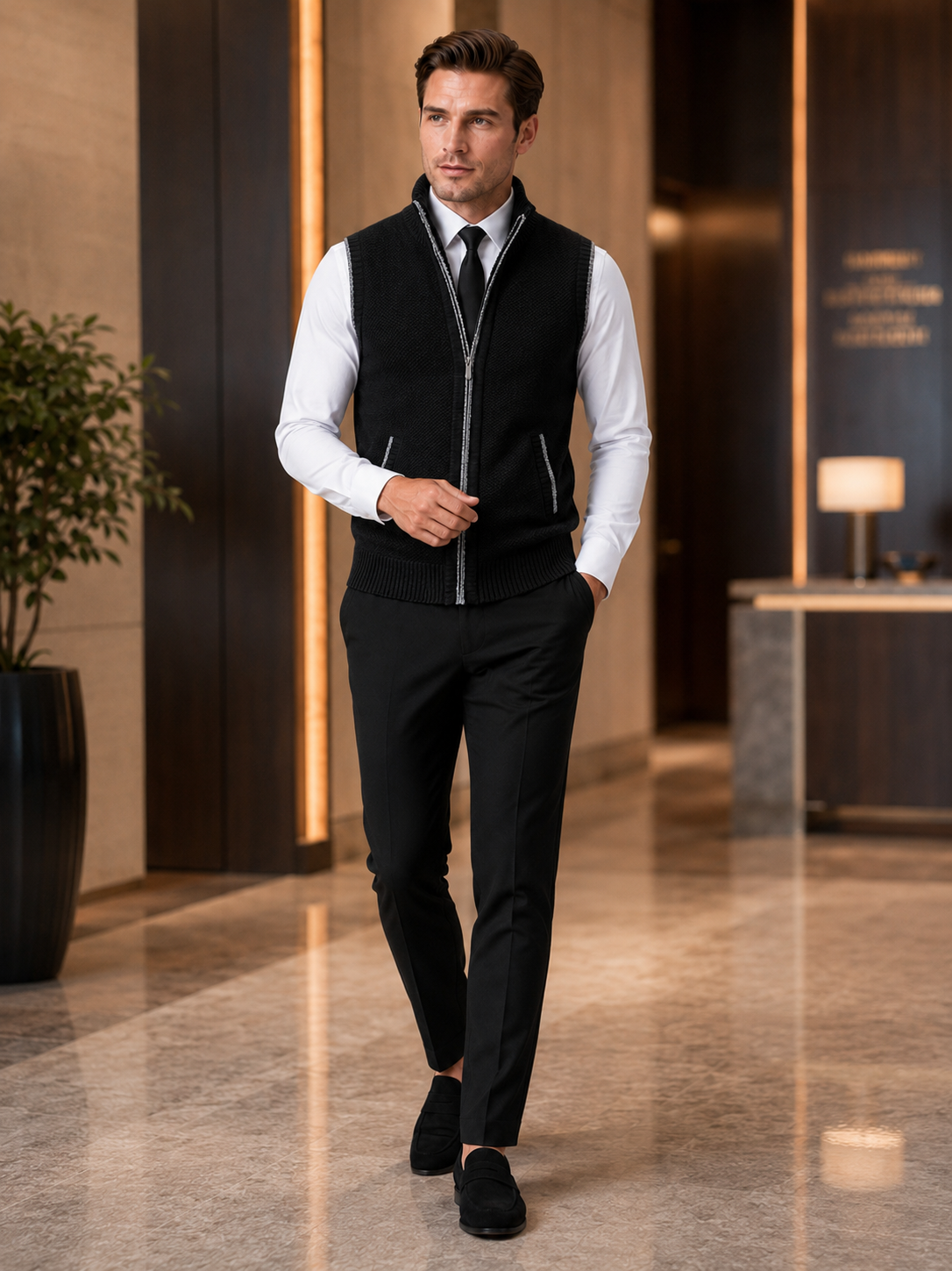 Men's full zip stand collar vest – Black lifestyle view – Edward & Lawsen