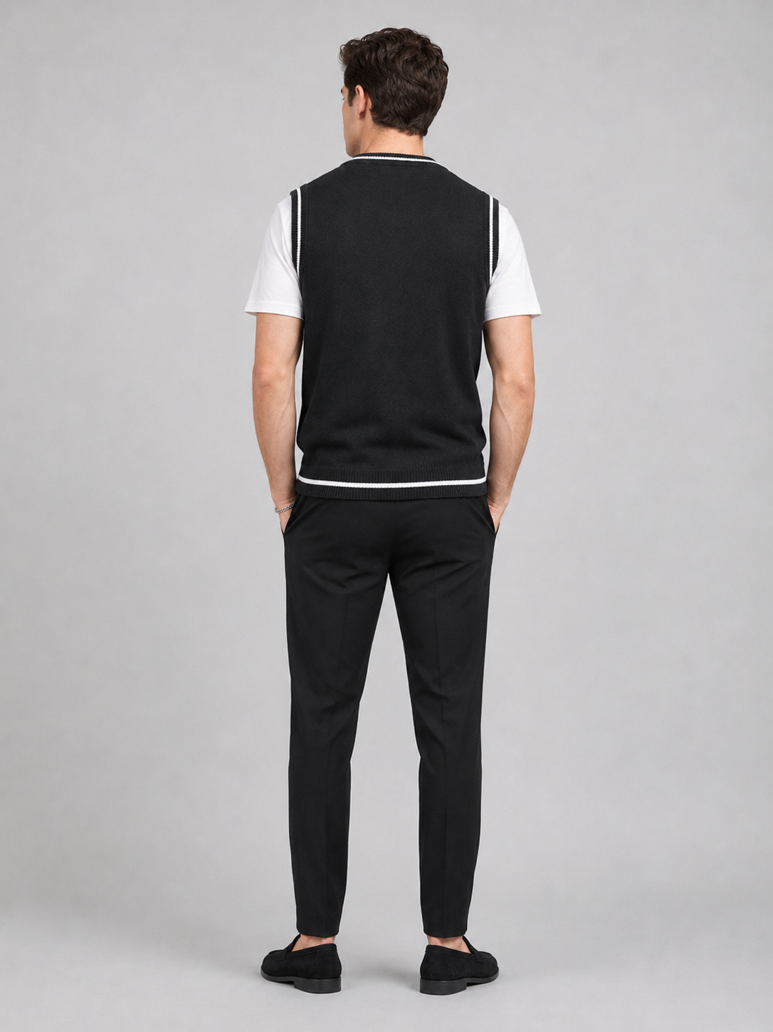 Men's patchwork sweater vest – Black back view – Edward & Lawsen