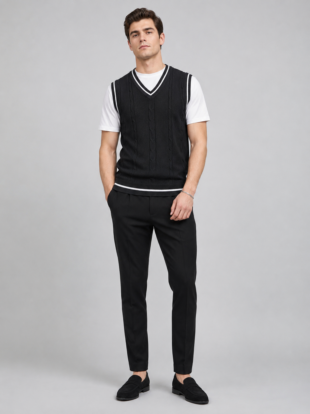 Men's patchwork sweater vest – Black full view – Edward & Lawsen
