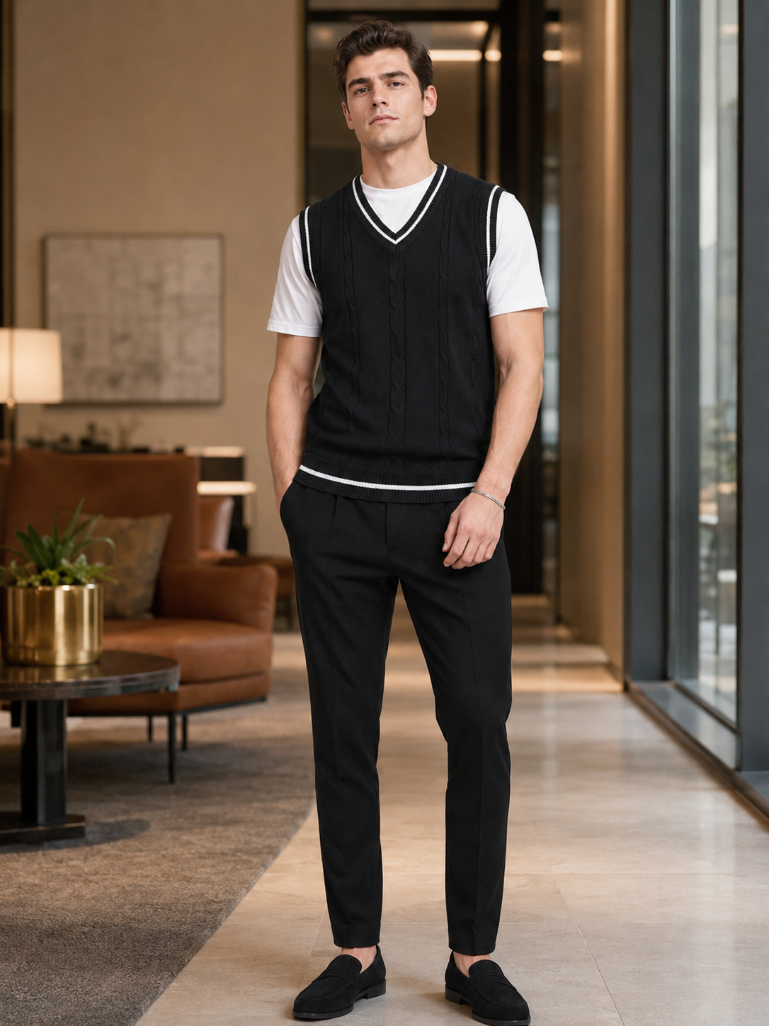 Men's patchwork sweater vest – Black lifestyle view – Edward & Lawsen