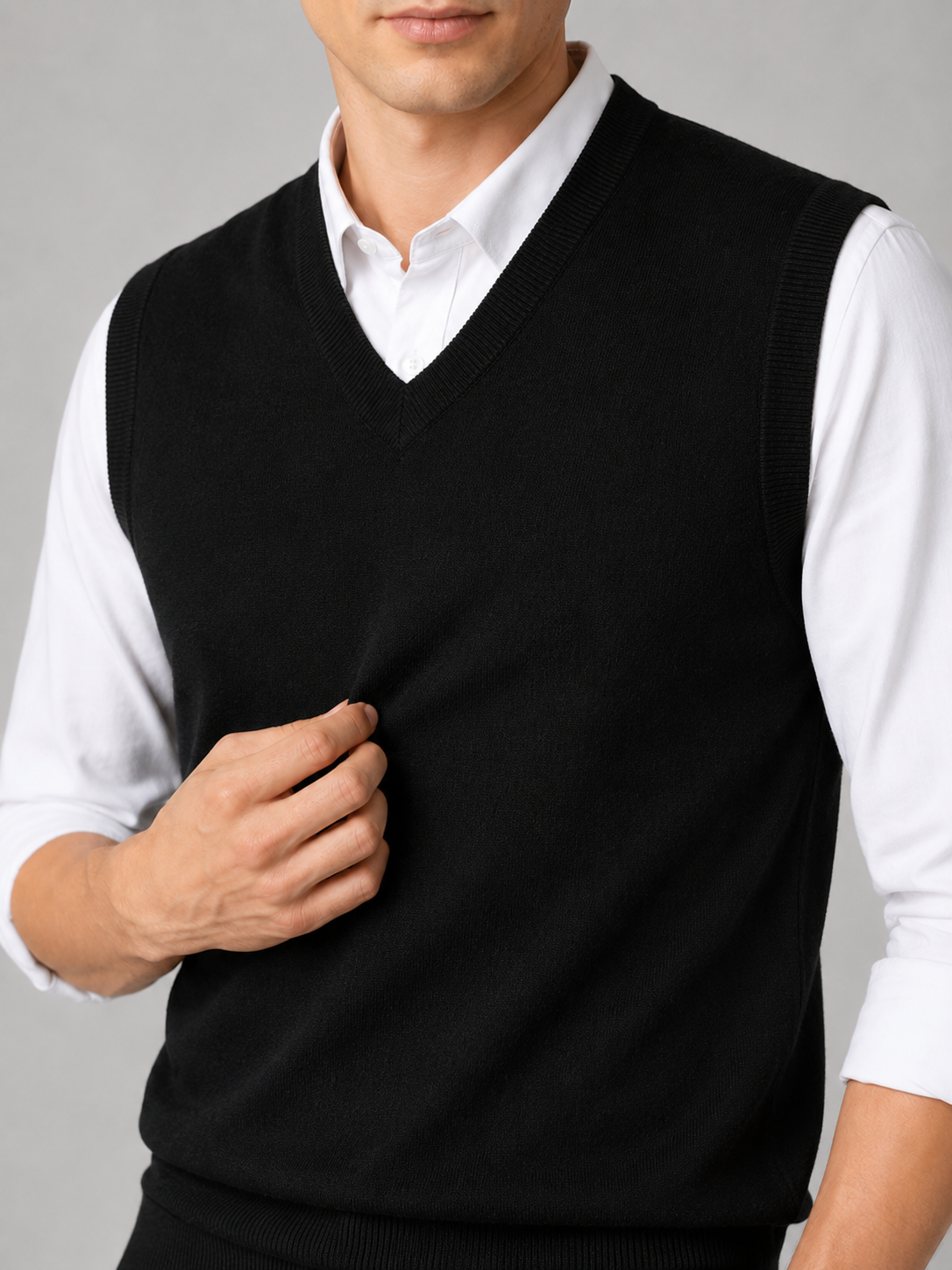 Men's solid color sweater vest – Black detail view – Edward & Lawsen