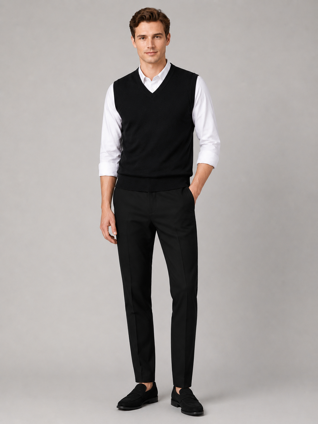 Men's solid color sweater vest – Black full view – Edward & Lawsen