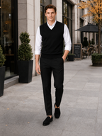 Men's solid color sweater vest – Black lifestyle view – Edward & Lawsen