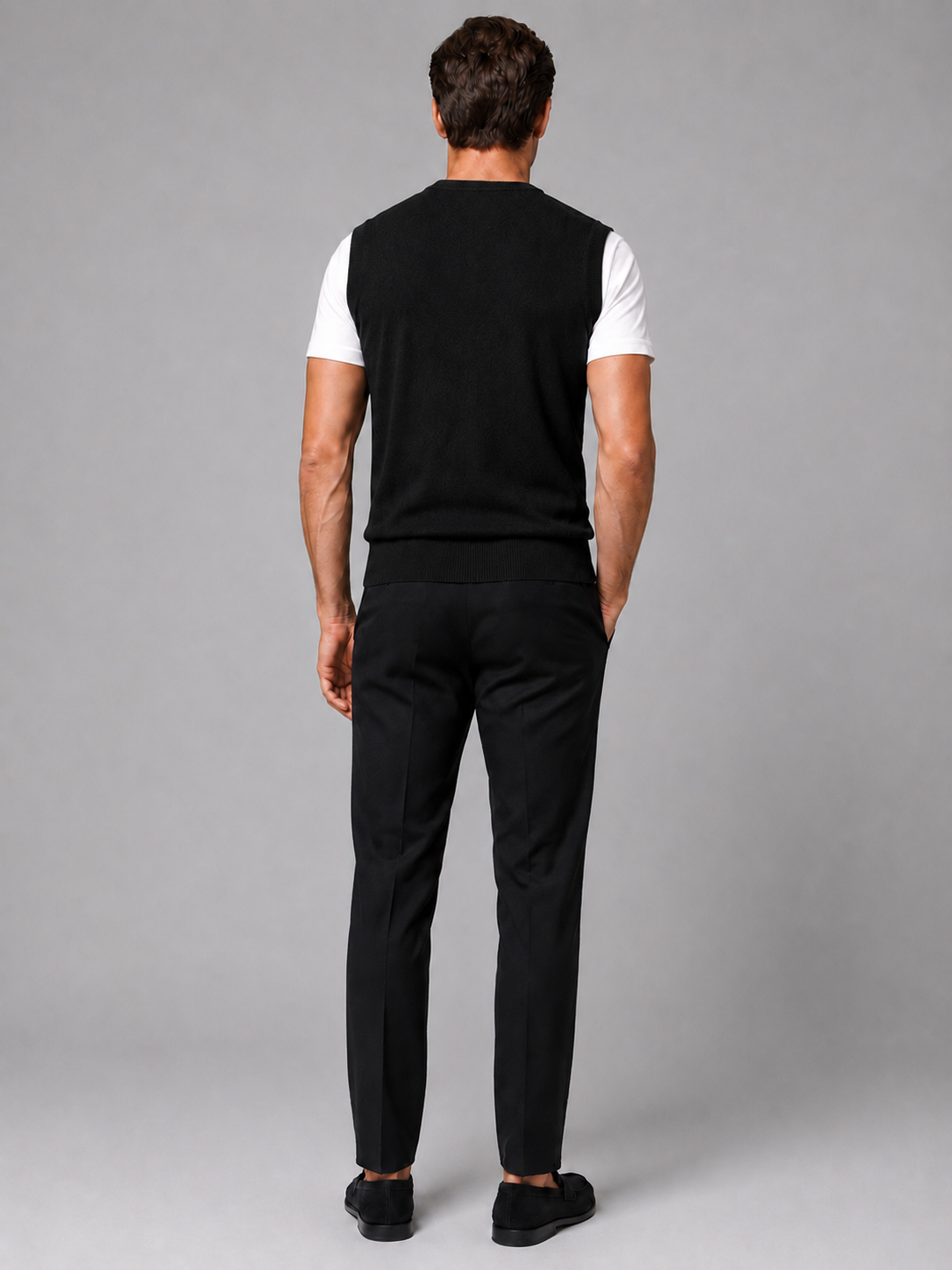 Men's sleeveless sweater vest – Black back view – Edward & Lawsen