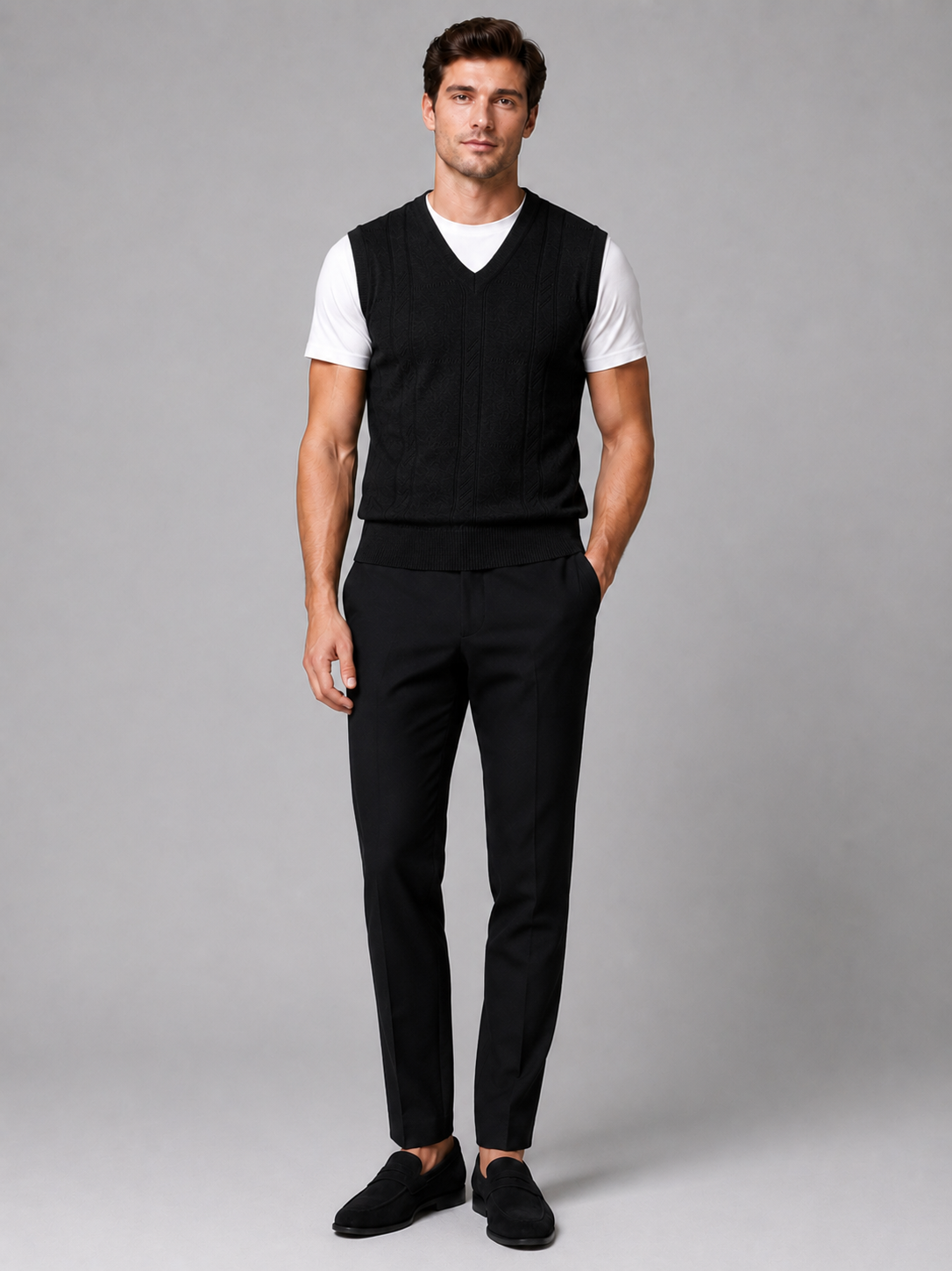 Men's sleeveless sweater vest – Black full view – Edward & Lawsen