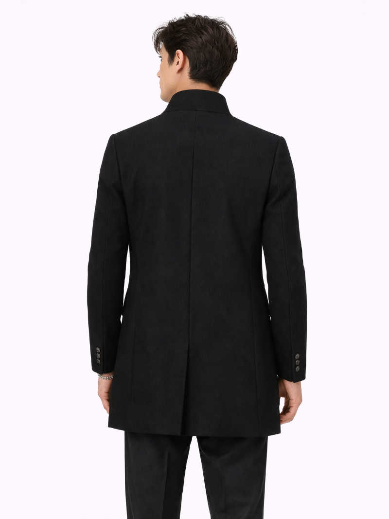 Men's tailored wool blend trench coat – Black back view – Edward & Lawsen