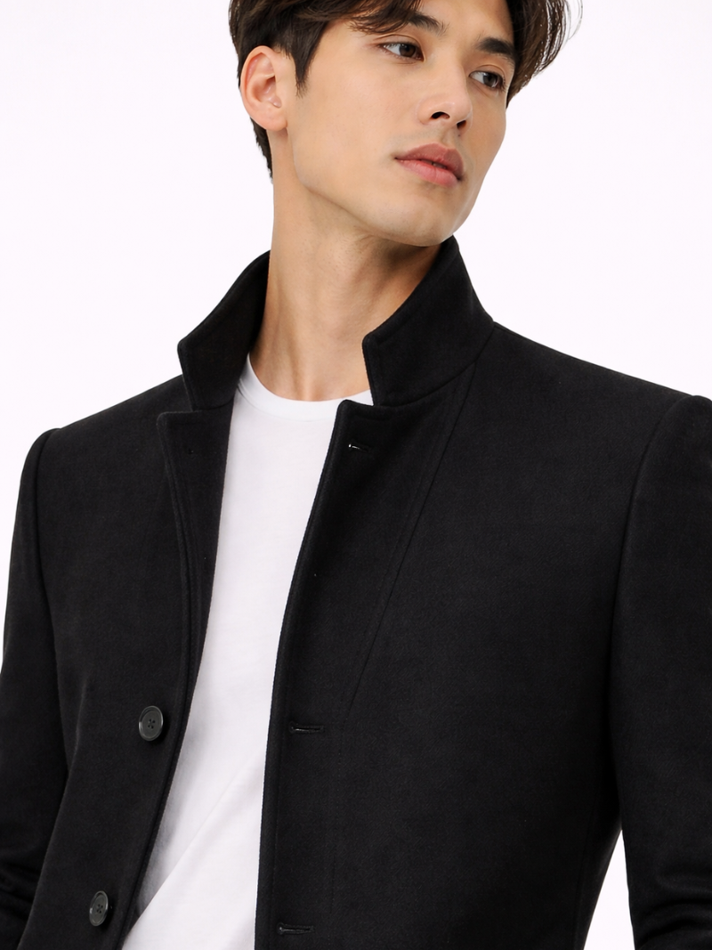Men's tailored wool blend trench coat – Black detail view – Edward & Lawsen