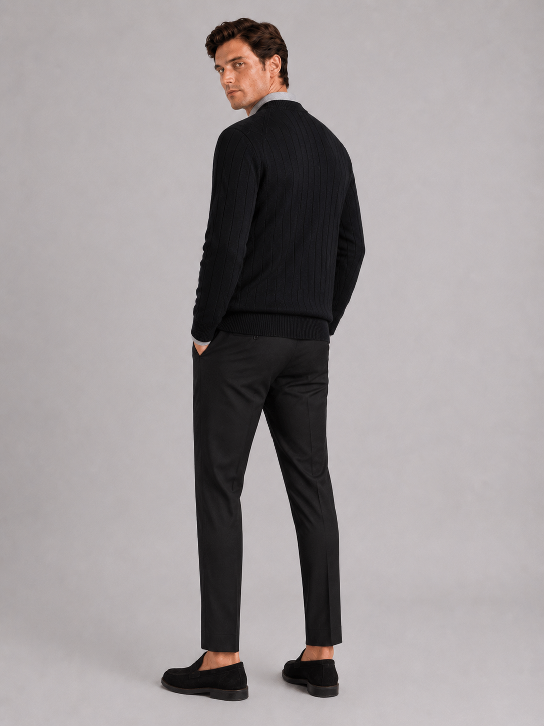Men's V-neck cardigan – Black back view – Edward & Lawsen